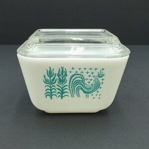 Pyrex Amish Butterprint Small Refrigerator Dish 501B Turquoise on White Fridgie